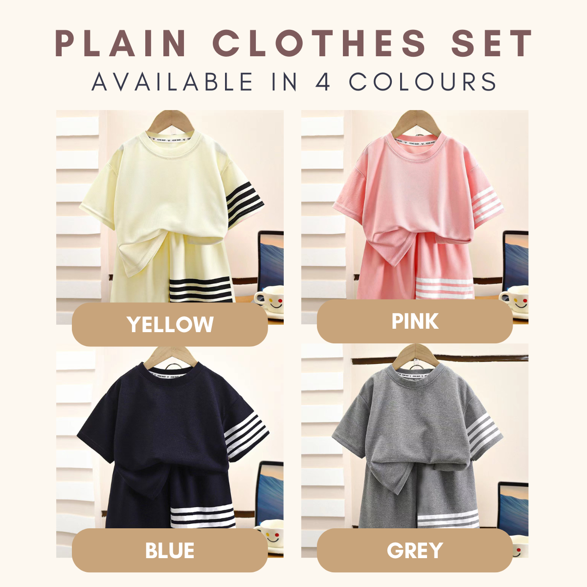 EZ Wear Casual Plain Line Clothes Set Baju Budak Lelaki