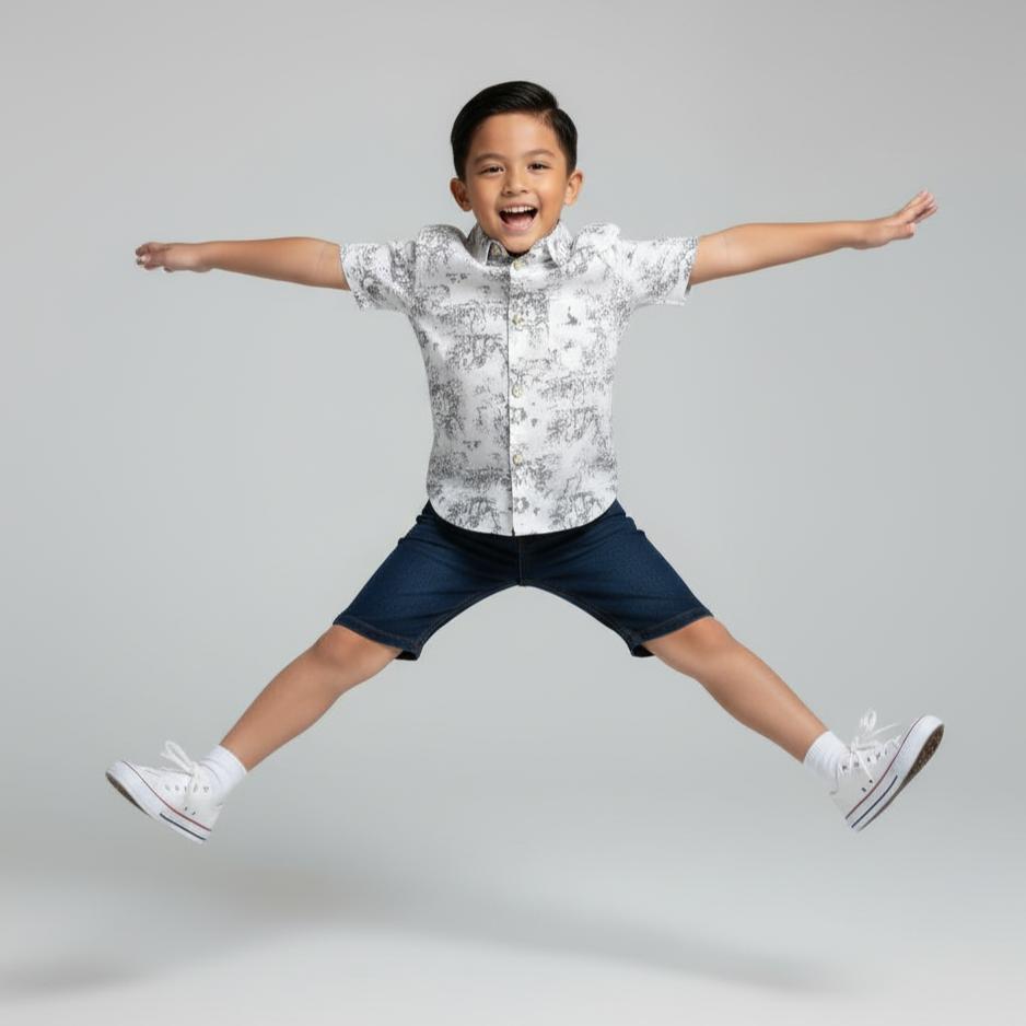 Child jumping in the air wearing a patterned shirt and shorts on a gray background