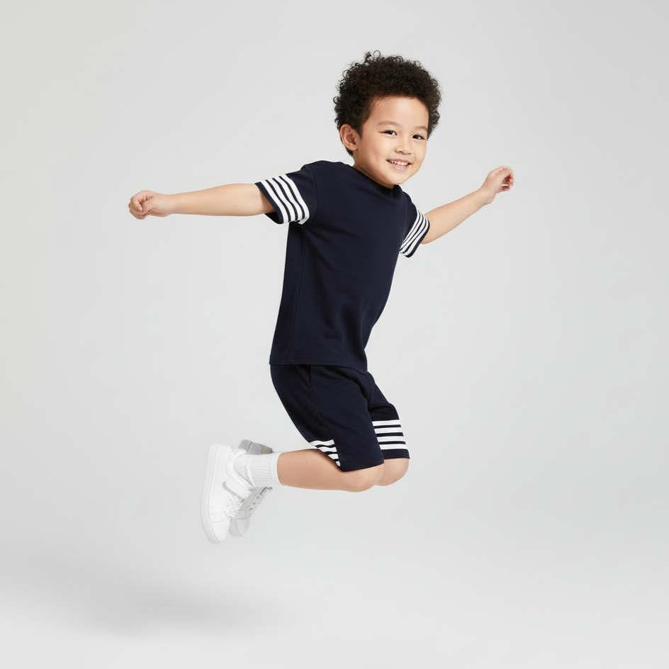 Child wearing a navy outfit with white stripes on a light gray background