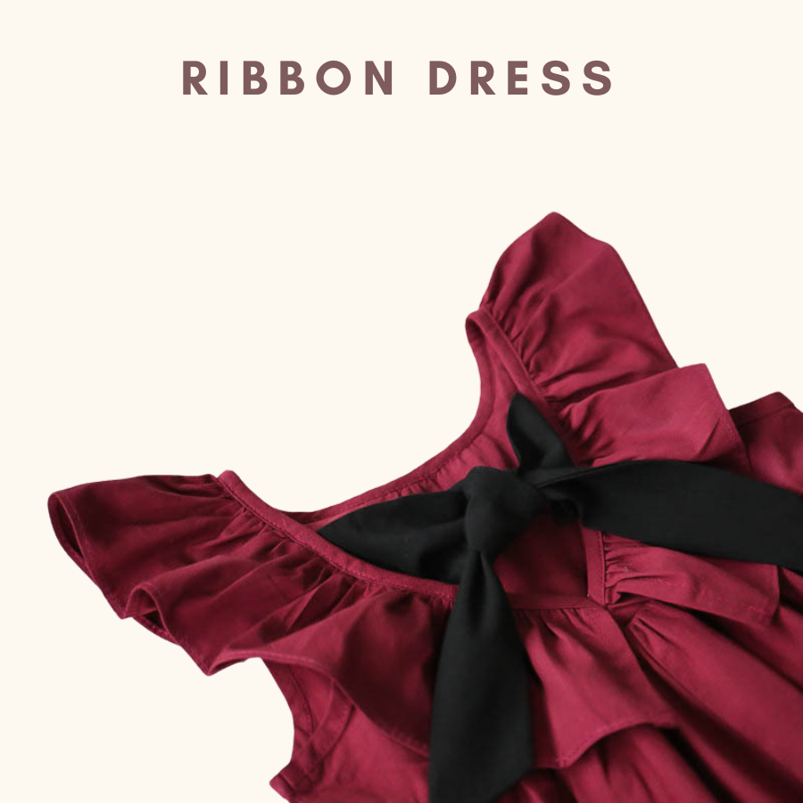 Red Pink Dress with black Ribbon Dress Budak Perempuan