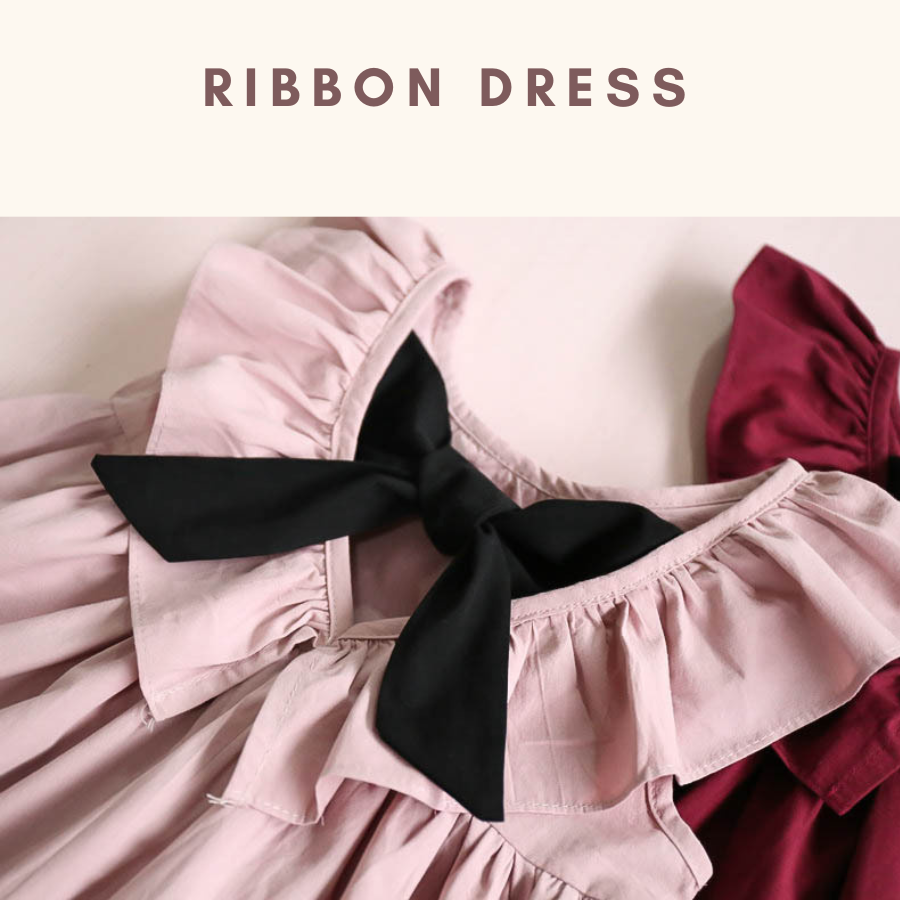 Red Pink Dress with black Ribbon Dress Budak Perempuan