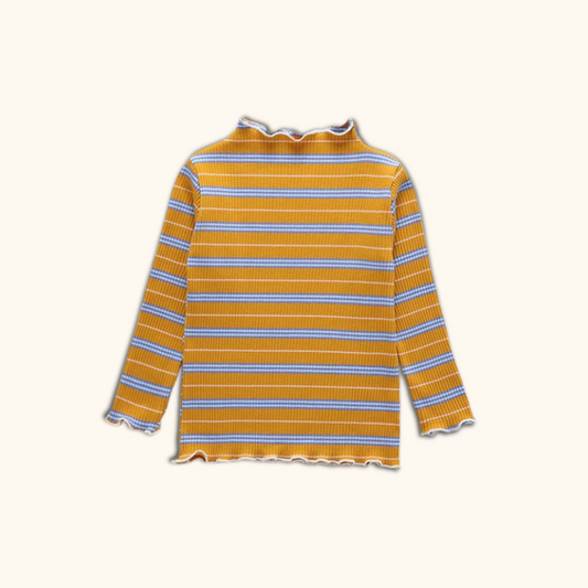 Girl Stripe Wavy Hem Long Sleeve Blouse Baju Raya Budak