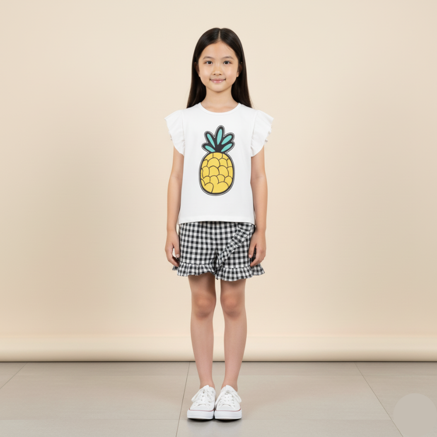 Pineapple Playset Checker Short Baju Raya Budak Perempuan