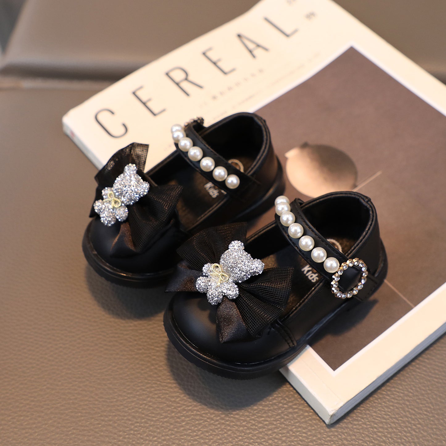Girl Leather Shoes Crystal Bear with Bow Kasut Raya Baby