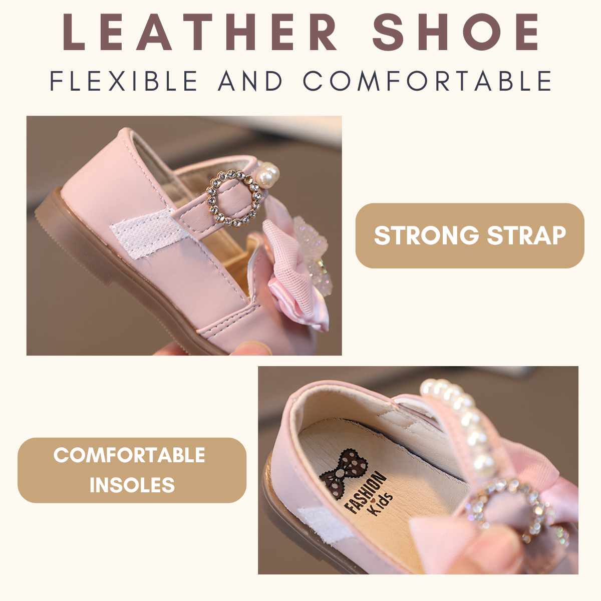 Girl Leather Shoes Crystal Bear with Bow Kasut Raya Baby
