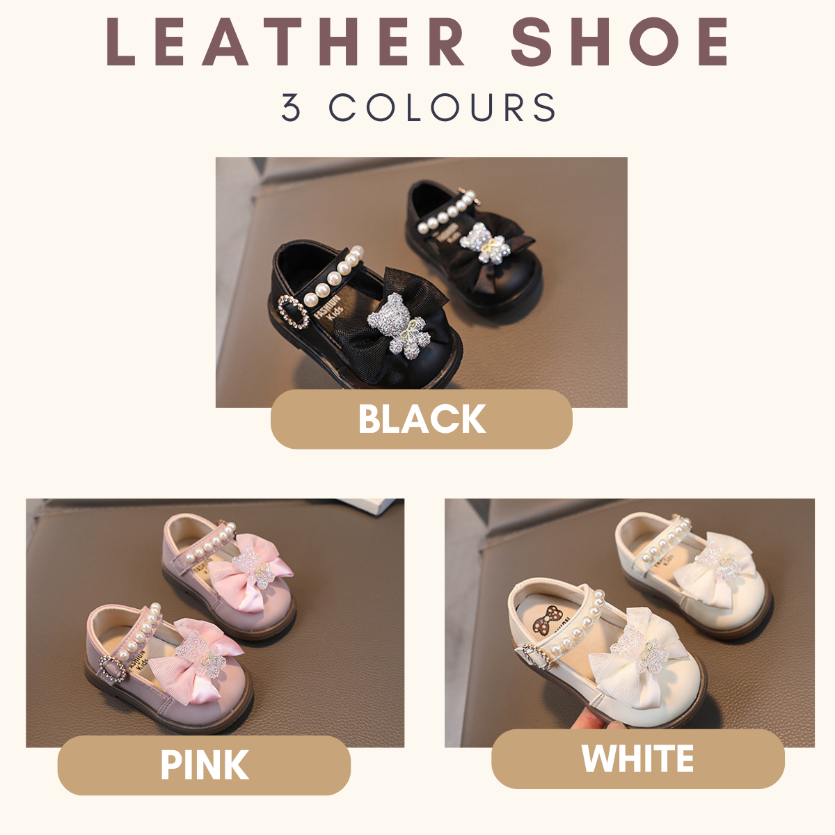 Girl Leather Shoes Crystal Bear with Bow Kasut Raya Baby