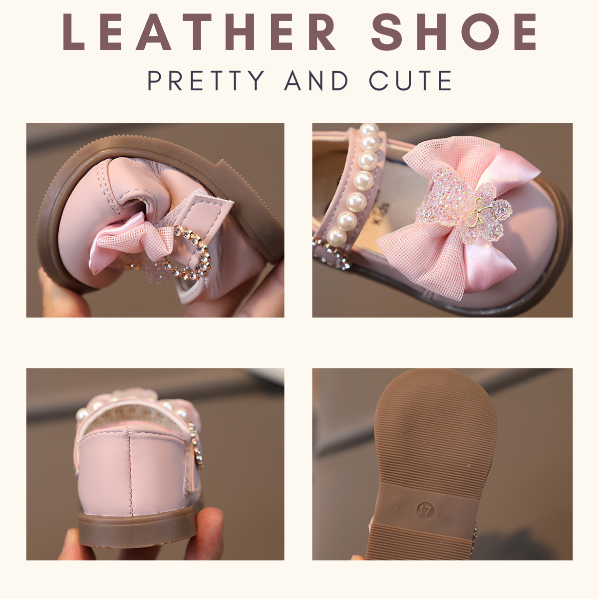 Girl Leather Shoes Crystal Bear with Bow Kasut Raya Baby