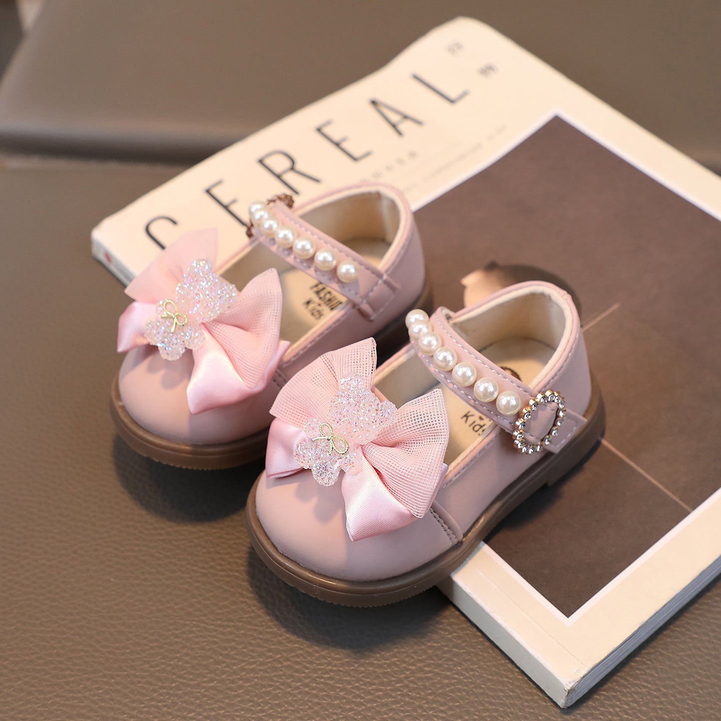 Girl Leather Shoes Crystal Bear with Bow Kasut Raya Baby