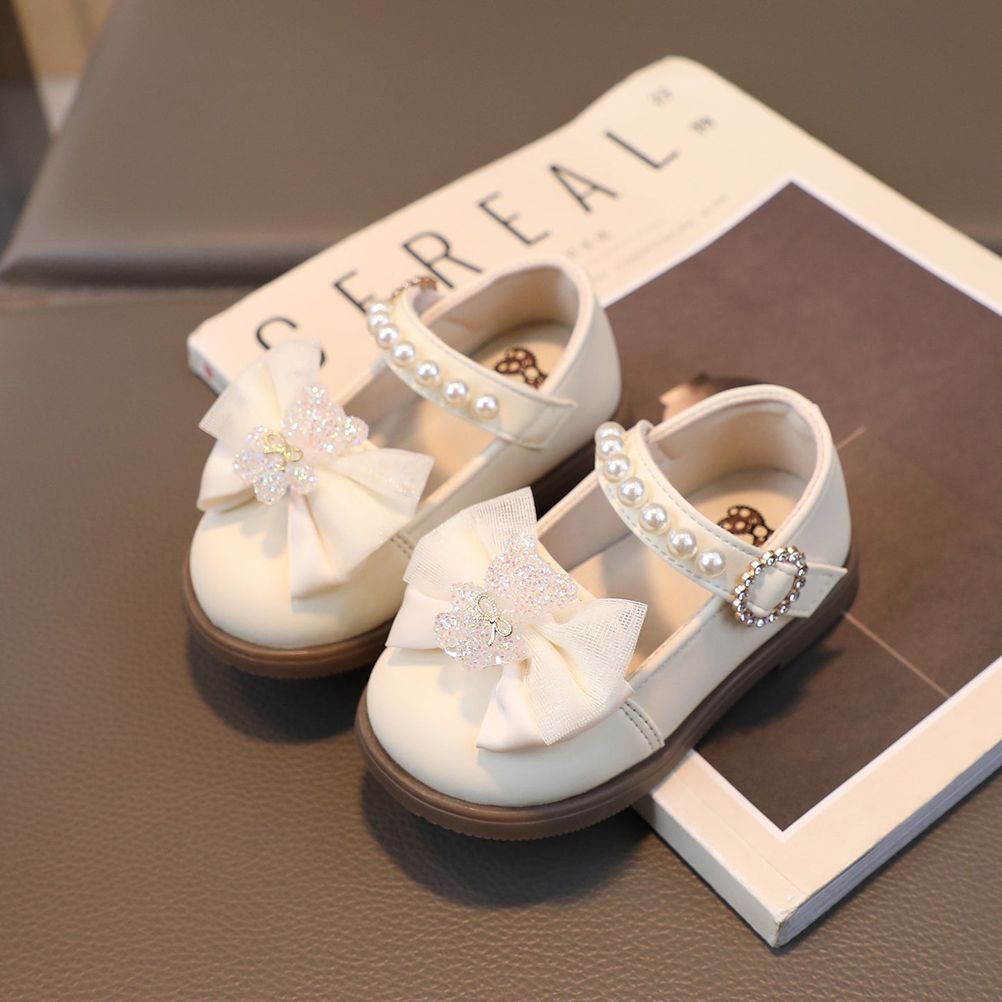 Girl Leather Shoes Crystal Bear with Bow Kasut Raya Baby