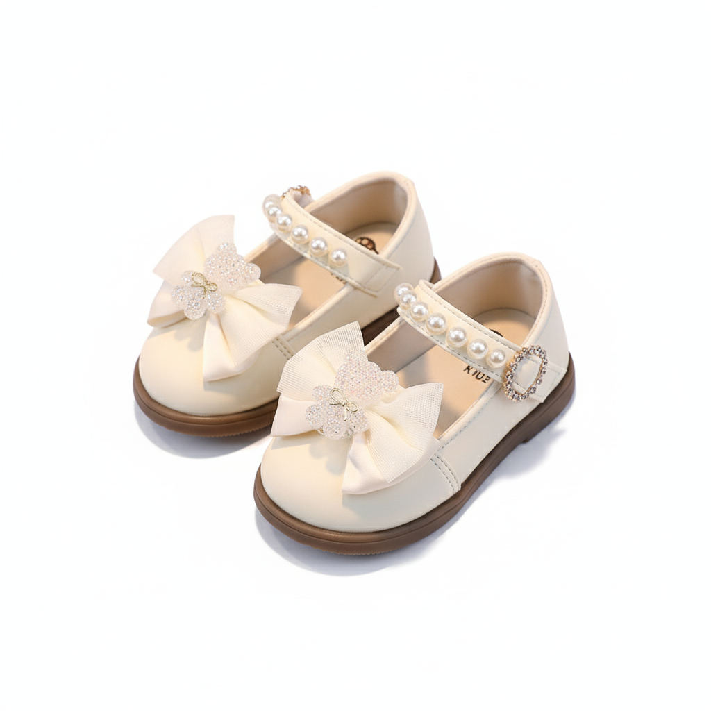 Girl Leather Shoes Crystal Bear with Bow Kasut Raya Baby