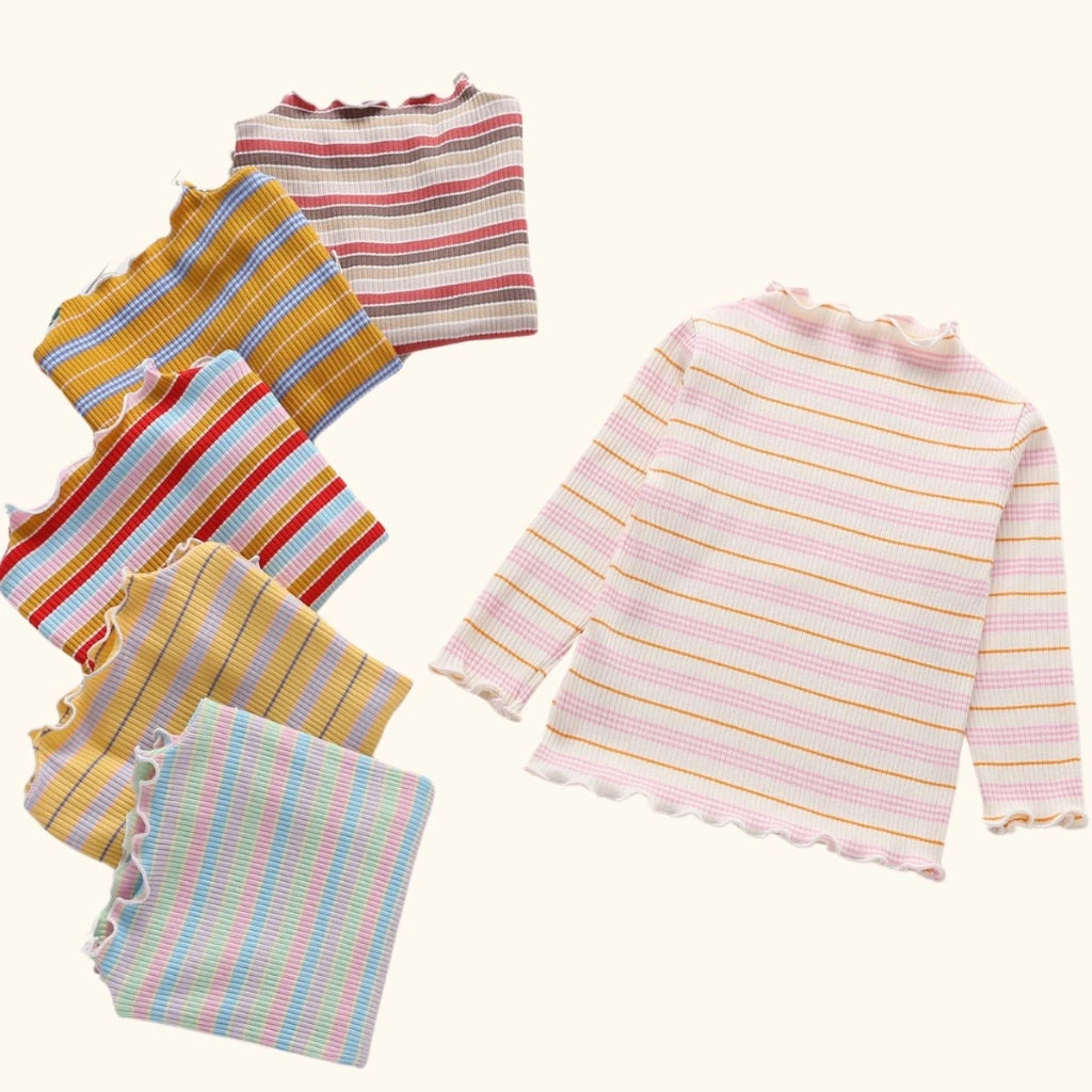 Girl Stripe Wavy Hem Long Sleeve Blouse Baju Raya Budak