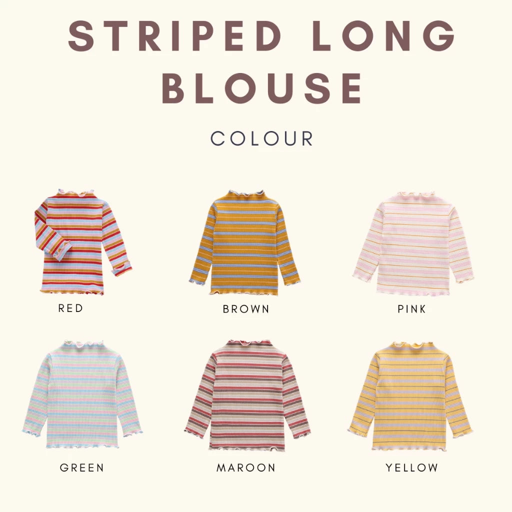Girl Stripe Wavy Hem Long Sleeve Blouse Baju Raya Budak