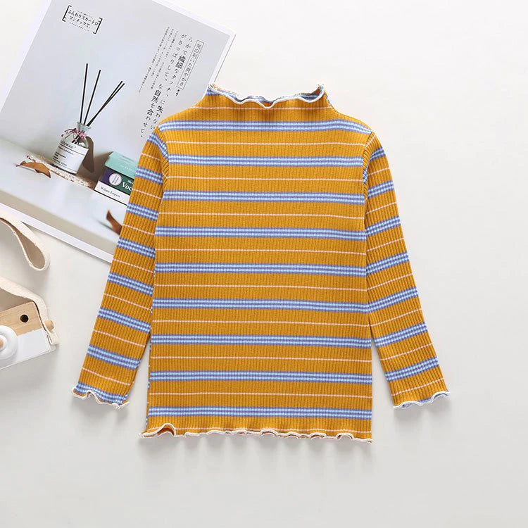 Girl Stripe Wavy Hem Long Sleeve Blouse Baju Raya Budak