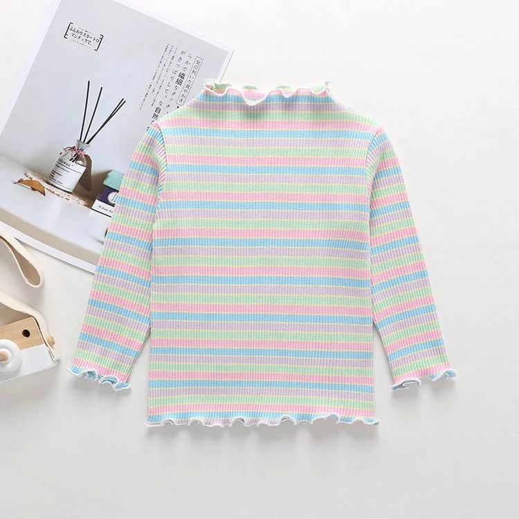 Girl Stripe Wavy Hem Long Sleeve Blouse Baju Raya Budak