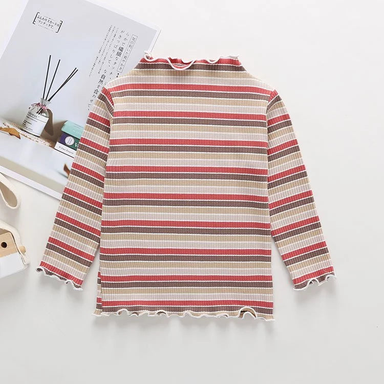 Girl Stripe Wavy Hem Long Sleeve Blouse Baju Raya Budak