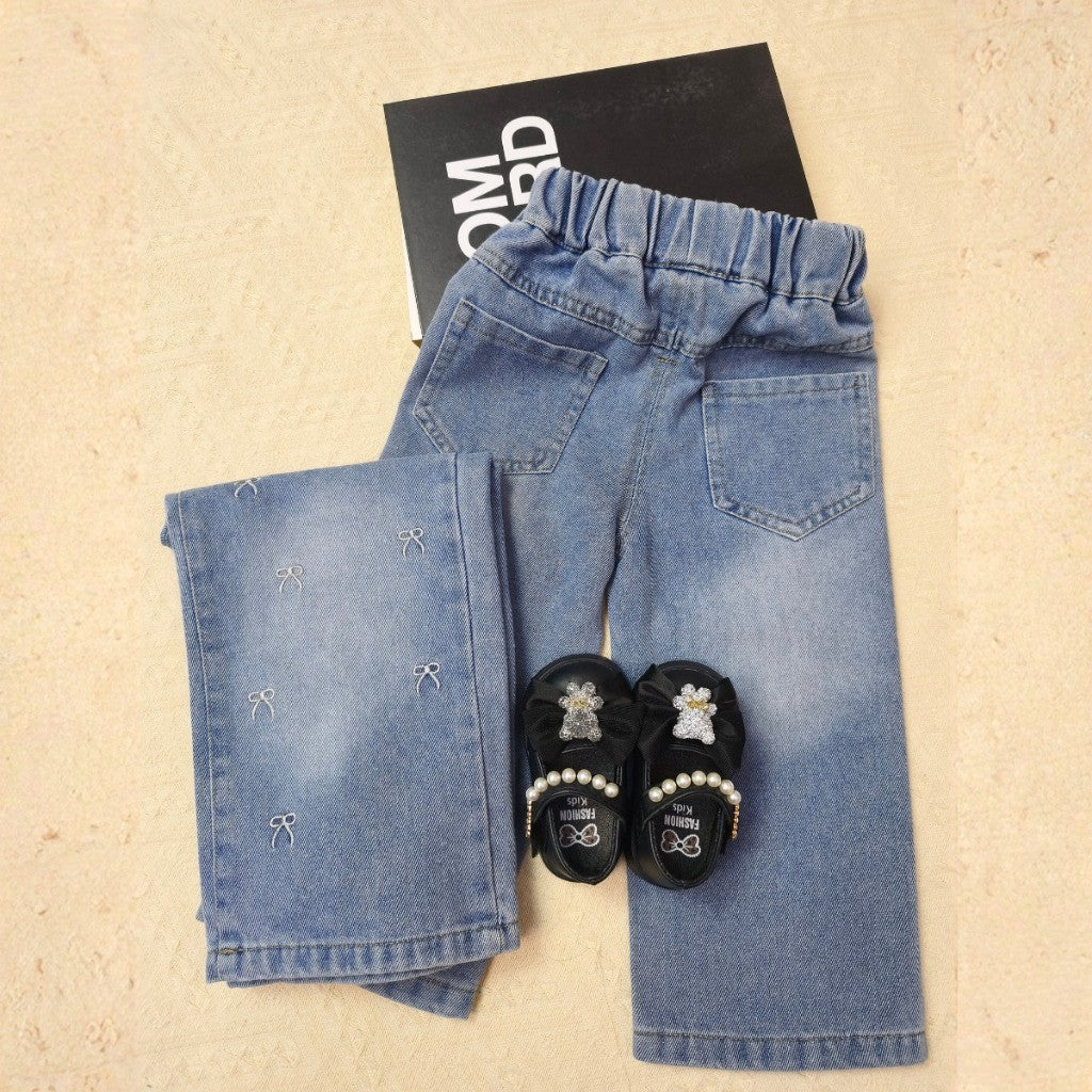 Seluar Jeans Budak Perempuan 1-12Y Kids Girl Jeans Straight Wide Leg Long Pants Palazzo Loose Style Ribbon Baju Raya