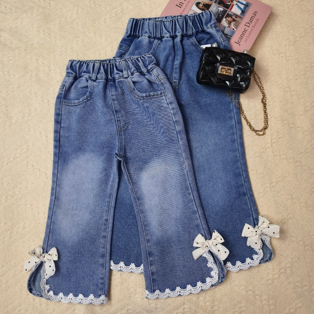 Seluar Jeans Budak Bootcut 1-12Y Kids Girl Long Pants Flared Jeans Elegant Bow Lace Seluar Panjang Baby Girl Baju Raya