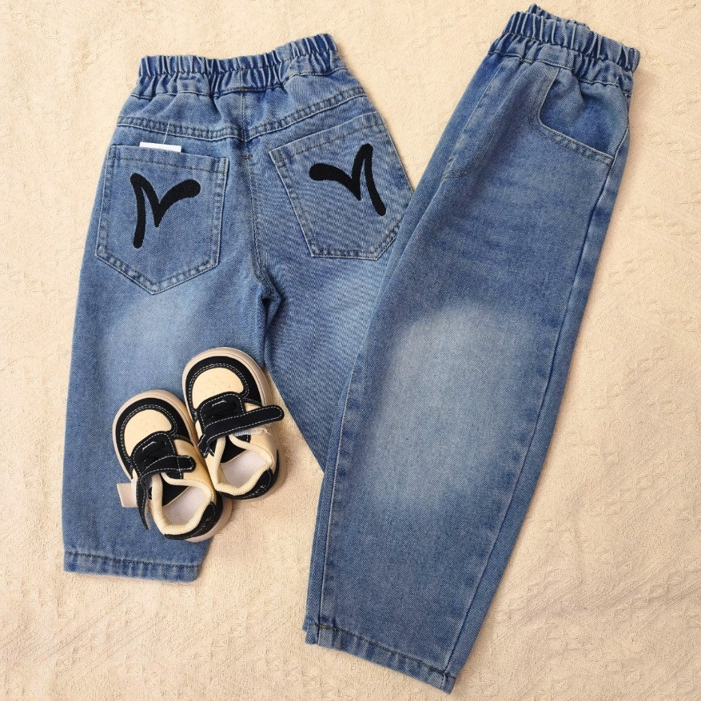 Seluar Panjang Jeans Budak Lelaki 1-17Y Kids Boy Long Pants Embroidery Pocket Rubber Waist Band Loose Fit Baby Boy Raya