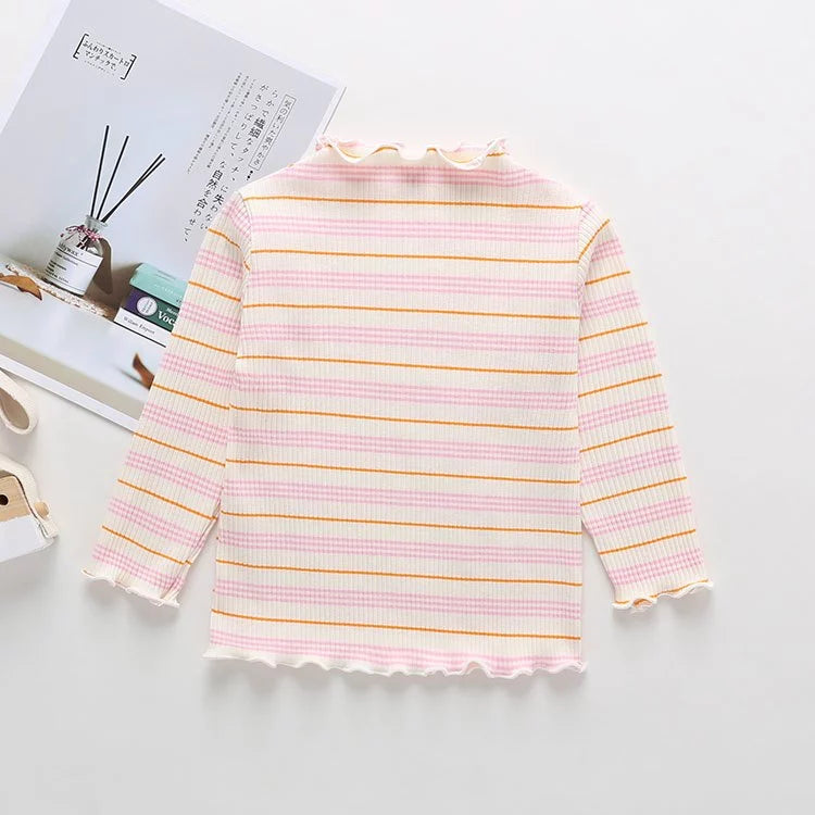 Girl Stripe Wavy Hem Long Sleeve Blouse Baju Raya Budak