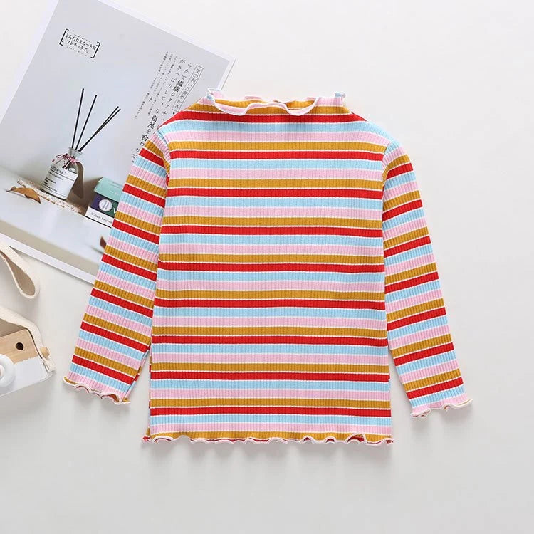 Girl Stripe Wavy Hem Long Sleeve Blouse Baju Raya Budak