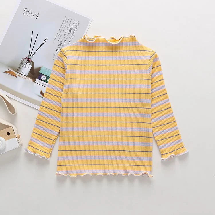 Girl Stripe Wavy Hem Long Sleeve Blouse Baju Raya Budak