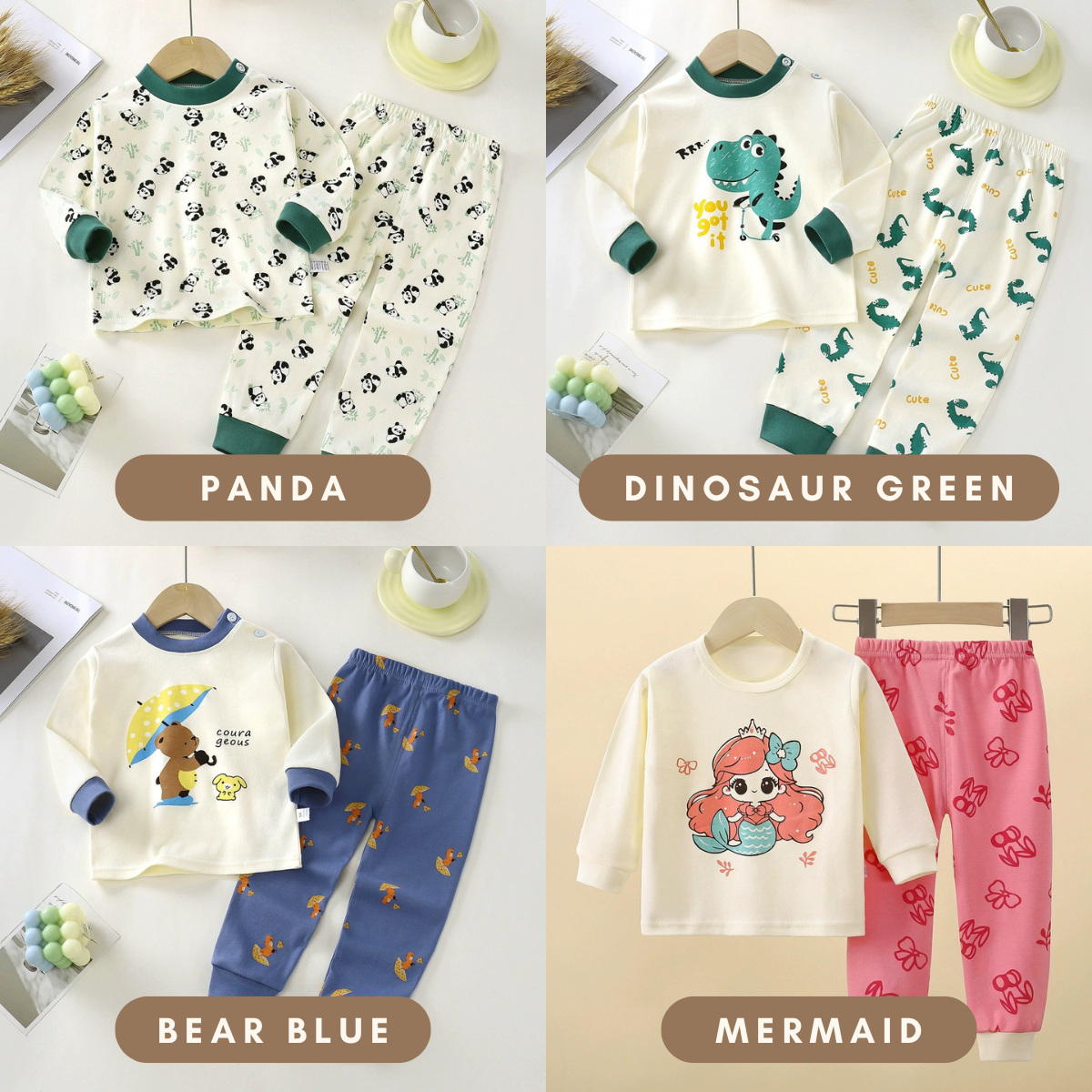 Baju Tidur Budak 6mths-6yrs Pijama Cotton Lengan Panjang Unisex Baby Kids Sleepwear