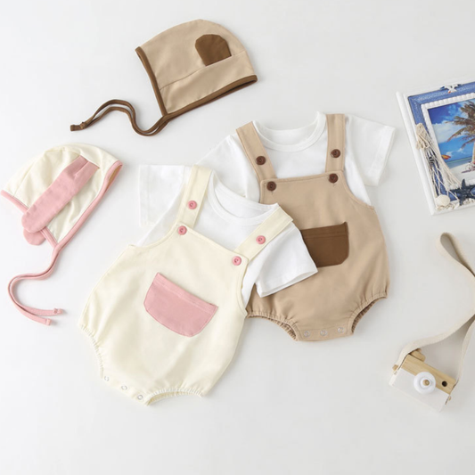Coconana 0-12 mths Baby Romper Newborn Jumpsuit Plain Brown Pink with Cap Baju Bayi Anak