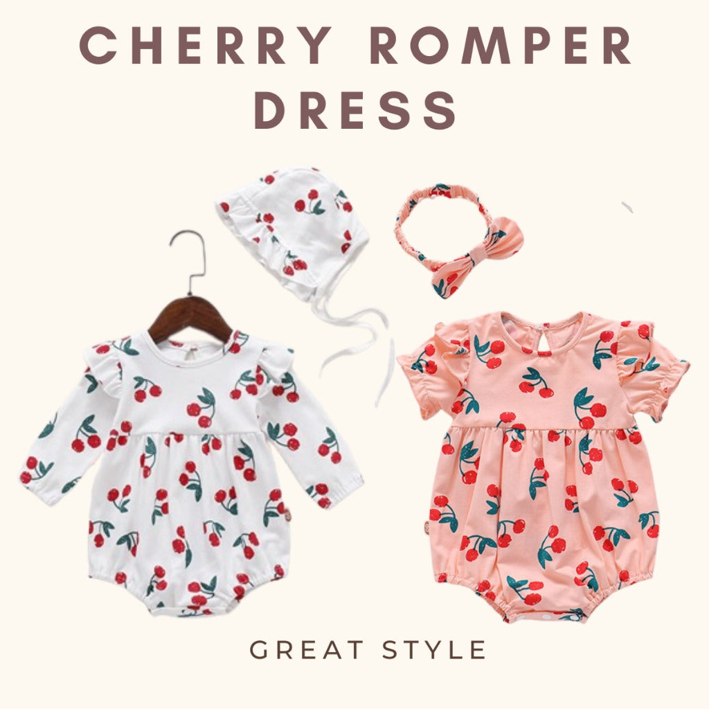 Coconana 0-2yrs Baby Romper Baju Raya Baby Girl Romper Headband 2pcs Set Baju Baby Girl Baby Cherry Romper Dress Baby