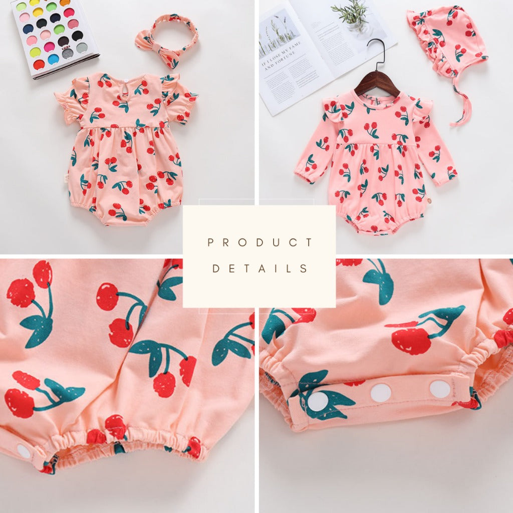 Coconana 0-2yrs Baby Romper Baju Raya Baby Girl Romper Headband 2pcs Set Baju Baby Girl Baby Cherry Romper Dress Baby