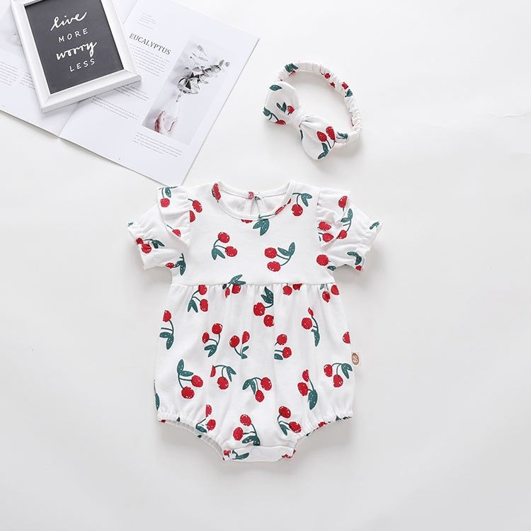 Coconana 0-2yrs Baby Romper Baju Raya Baby Girl Romper Headband 2pcs Set Baju Baby Girl Baby Cherry Romper Dress Baby