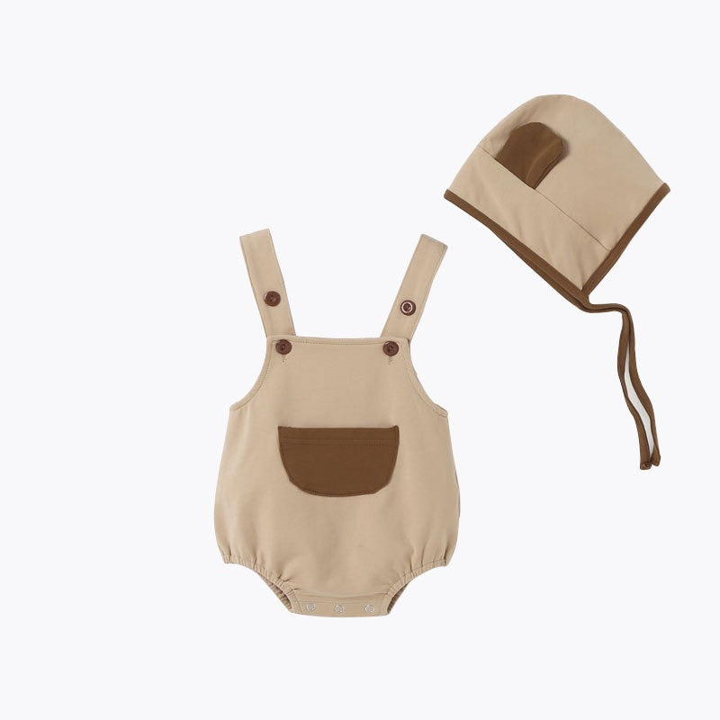 Coconana 0-12 mths Baby Romper Newborn Jumpsuit Plain Brown Pink with Cap Baju Bayi Anak