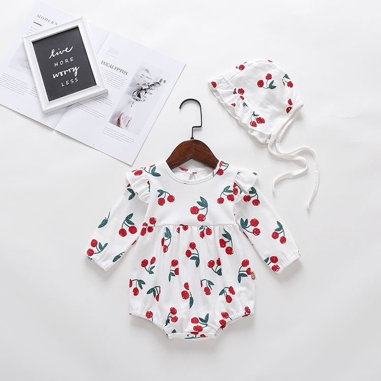 Coconana 0-2yrs Baby Romper Baju Raya Baby Girl Romper Headband 2pcs Set Baju Baby Girl Baby Cherry Romper Dress Baby