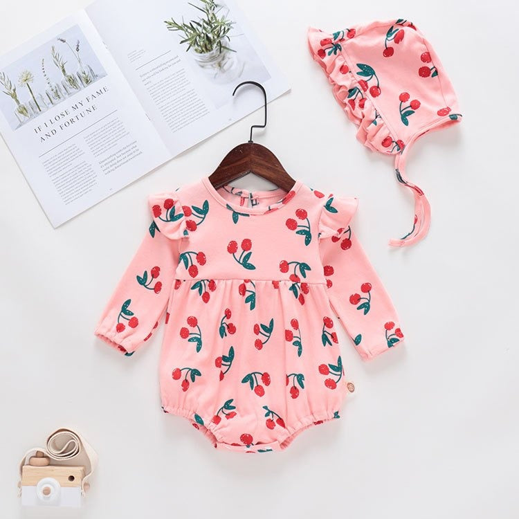 Coconana 0-2yrs Baby Romper Baju Raya Baby Girl Romper Headband 2pcs Set Baju Baby Girl Baby Cherry Romper Dress Baby