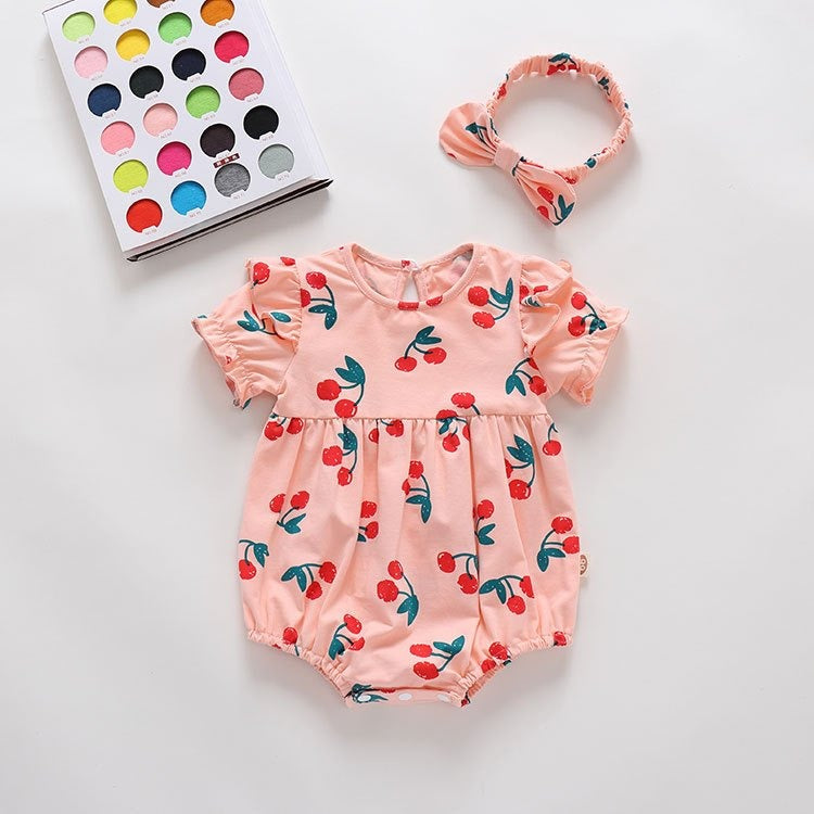 Coconana 0-2yrs Baby Romper Baju Raya Baby Girl Romper Headband 2pcs Set Baju Baby Girl Baby Cherry Romper Dress Baby