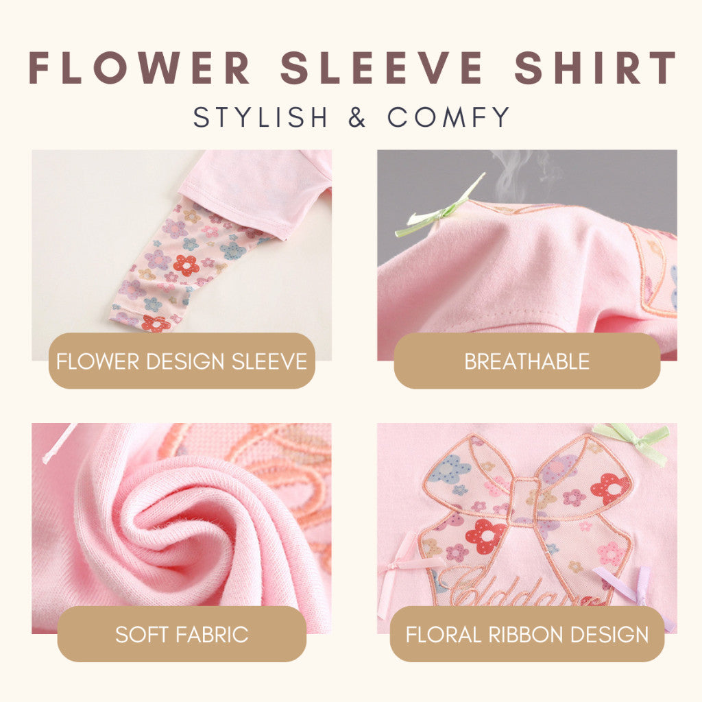 Baju Baby Girl Lengan Panjang 1-8Y Kids Girl Flower Ribbon Long Sleeve Tshirt Blouse Budak Perempuan Baju Raya Merdeka
