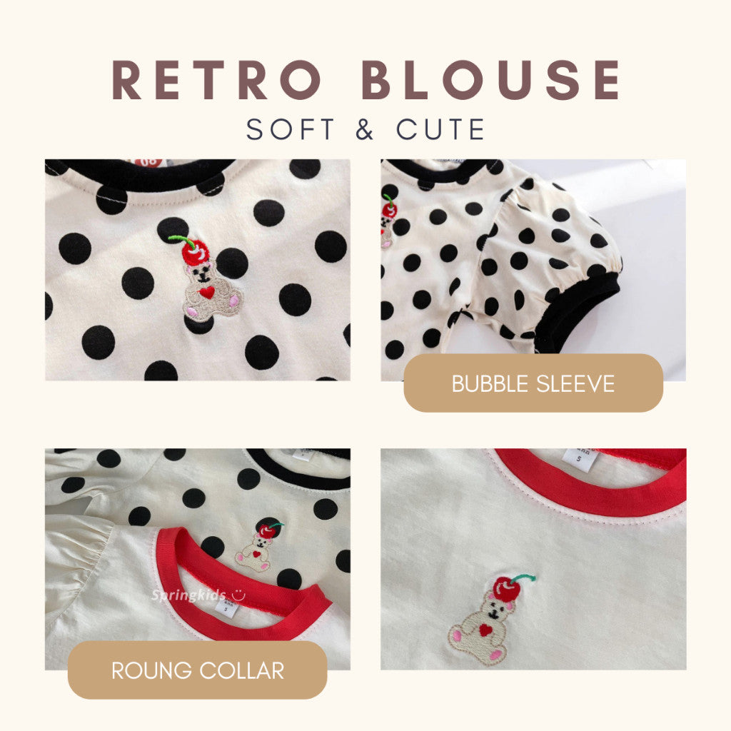 Baju Baby Girl 6M-6Y Kids Girl Bubble Sleeve Retro Blouse Budak Perempuan Baju Raya Merdeka Polka Dot White Toddler