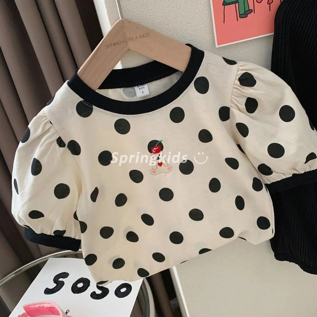 Baju Baby Girl 6M-6Y Kids Girl Bubble Sleeve Retro Blouse Budak Perempuan Baju Raya Merdeka Polka Dot White Toddler