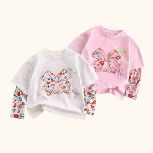 Baju Baby Girl Lengan Panjang 1-8Y Kids Girl Flower Ribbon Long Sleeve Tshirt Blouse Budak Perempuan Baju Raya Merdeka