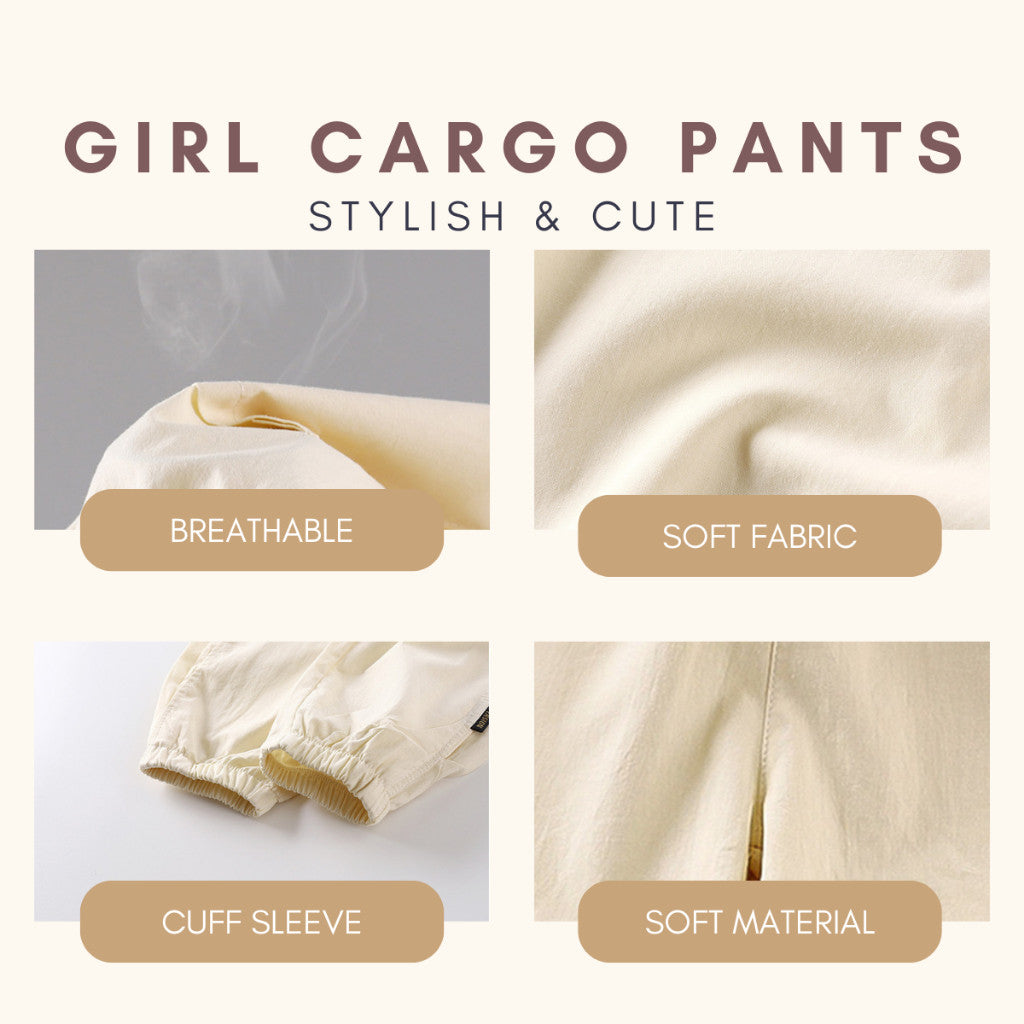Seluar Panjang Baby Girl 4-10Y Kids Girl Cargo Long Pants Side Pocket Budak Perempuan Toddler Baju Raya Merdeka