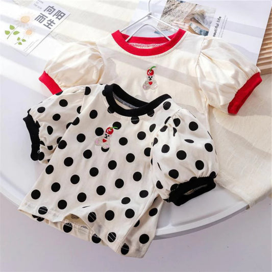 Baju Baby Girl 6M-6Y Kids Girl Bubble Sleeve Retro Blouse Budak Perempuan Baju Raya Merdeka Polka Dot White Toddler