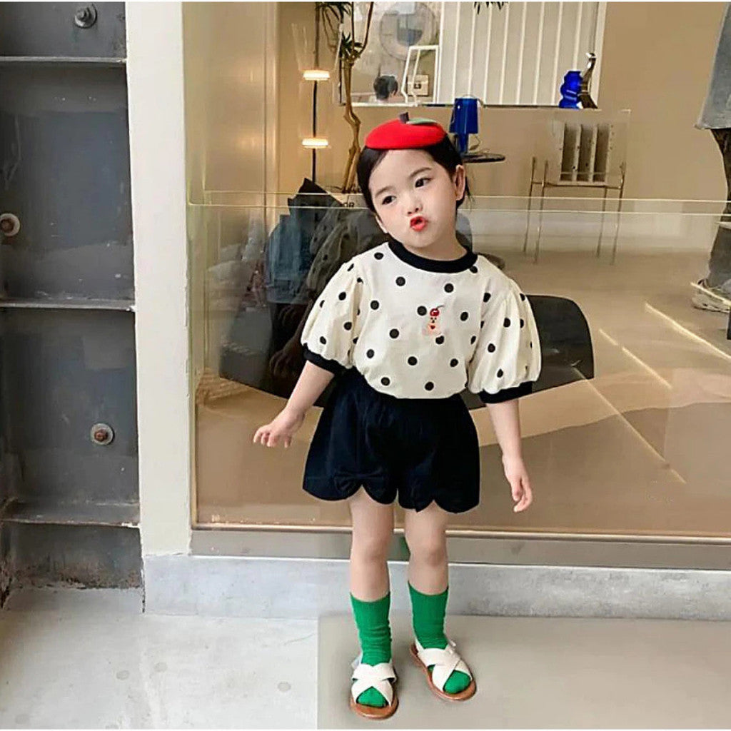 Baju Baby Girl 6M-6Y Kids Girl Bubble Sleeve Retro Blouse Budak Perempuan Baju Raya Merdeka Polka Dot White Toddler