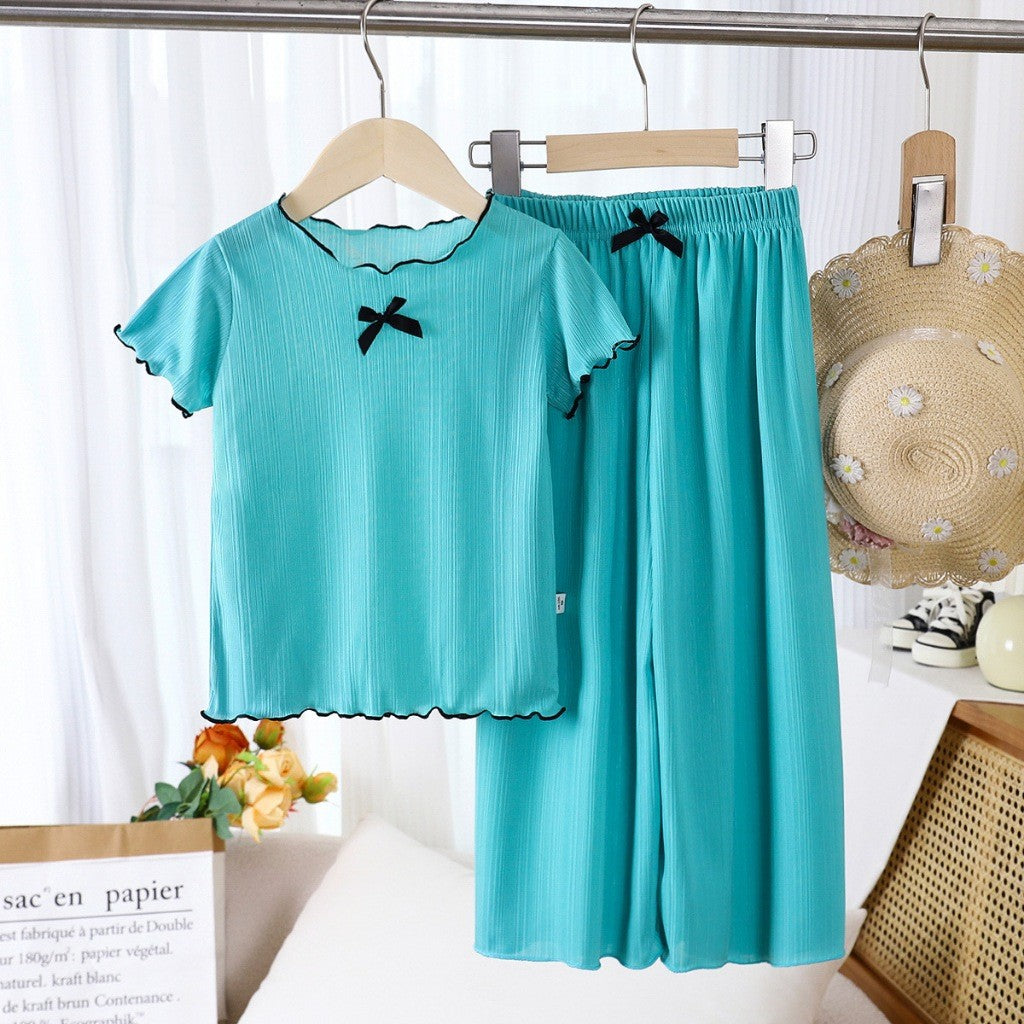 Baju Baby Girl 6M-11Y Kids Girl Summer Bow Short Sleeve T-Shirt Wavy Hem Baju Raya Budak Perempuan Toddler Blouse