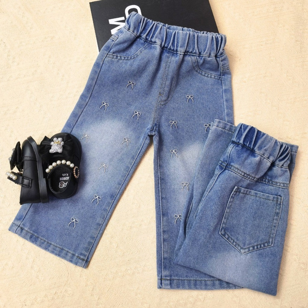 Seluar Jeans Budak Perempuan 1-12Y Kids Girl Jeans Straight Wide Leg Long Pants Palazzo Loose Style Ribbon Baju Raya