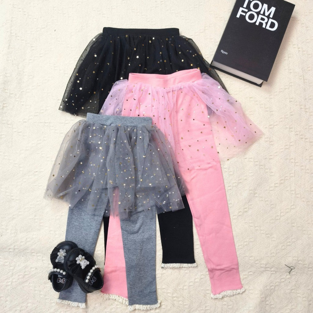 Kids Girl Skirt Legging 1-7Y Seluar Baby Girl Tutu Pants Stars Baju Raya Anak Perempuan Toddler Long Pants Black Gray