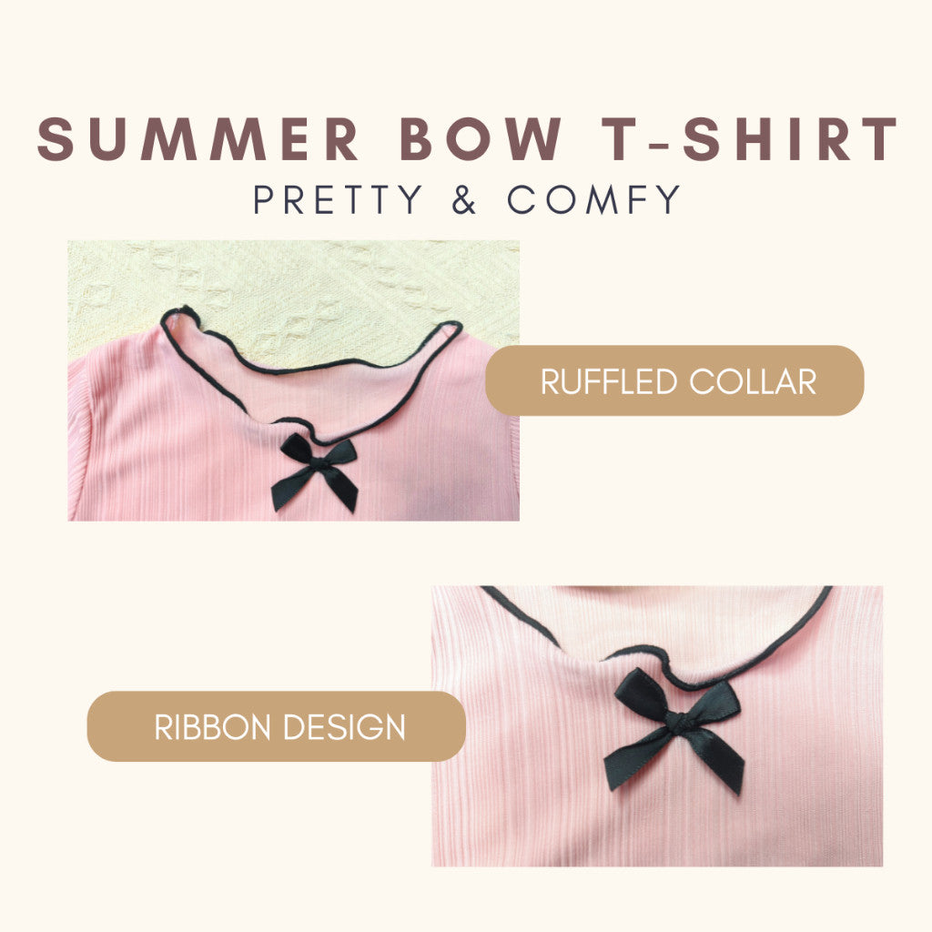 Baju Baby Girl 6M-11Y Kids Girl Summer Bow Short Sleeve T-Shirt Wavy Hem Baju Raya Budak Perempuan Toddler Blouse