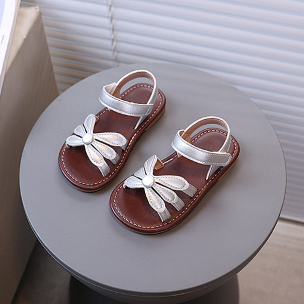 Kasut Sandal Budak Perempuan Korean Style Bunga Anti Slip Soft Sole Velcro PU Leather Anak Jalan
