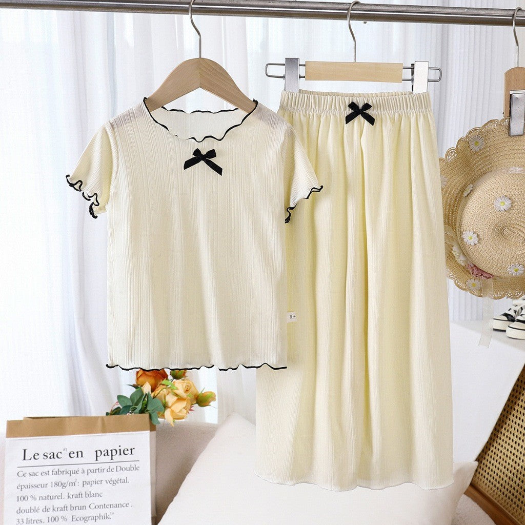 Baju Baby Girl 6M-11Y Kids Girl Summer Bow Short Sleeve T-Shirt Wavy Hem Baju Raya Budak Perempuan Toddler Blouse