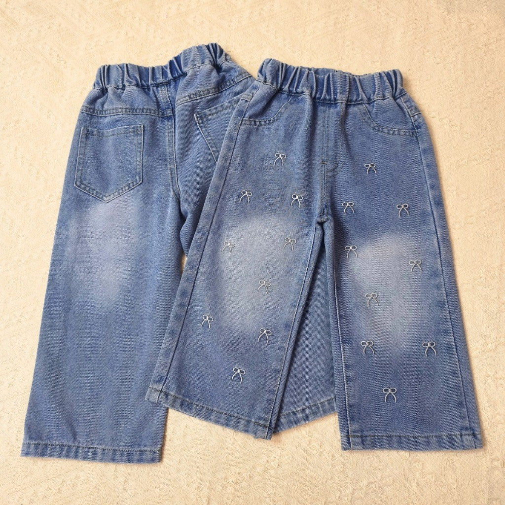 Seluar Jeans Budak Perempuan 1-12Y Kids Girl Jeans Straight Wide Leg Long Pants Palazzo Loose Style Ribbon Baju Raya