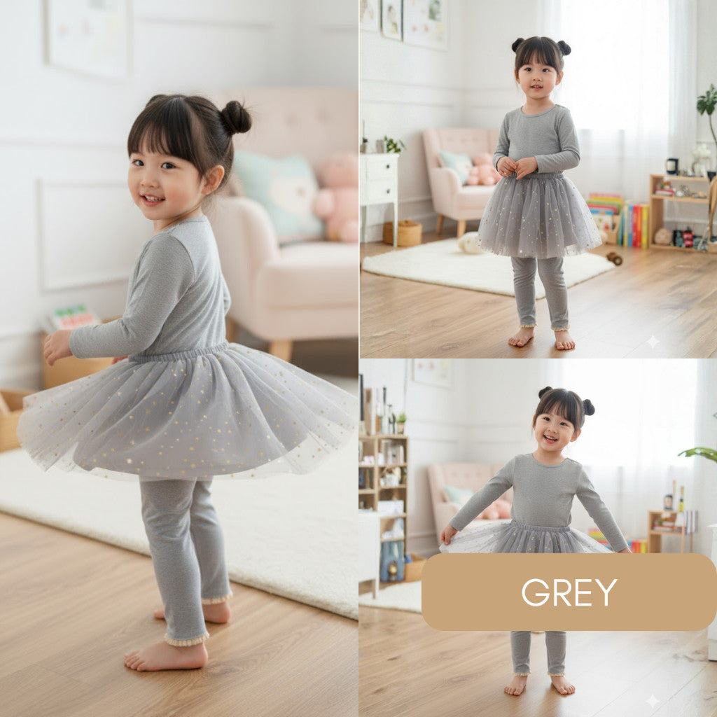 Kids Girl Skirt Legging 1-7Y Seluar Baby Girl Tutu Pants Stars Baju Raya Anak Perempuan Toddler Long Pants Black Gray