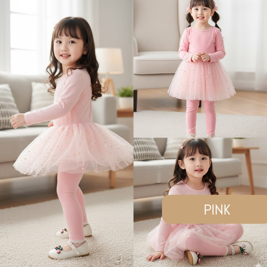 Kids Girl Skirt Legging 1-7Y Seluar Baby Girl Tutu Pants Stars Baju Raya Anak Perempuan Toddler Long Pants Black Gray